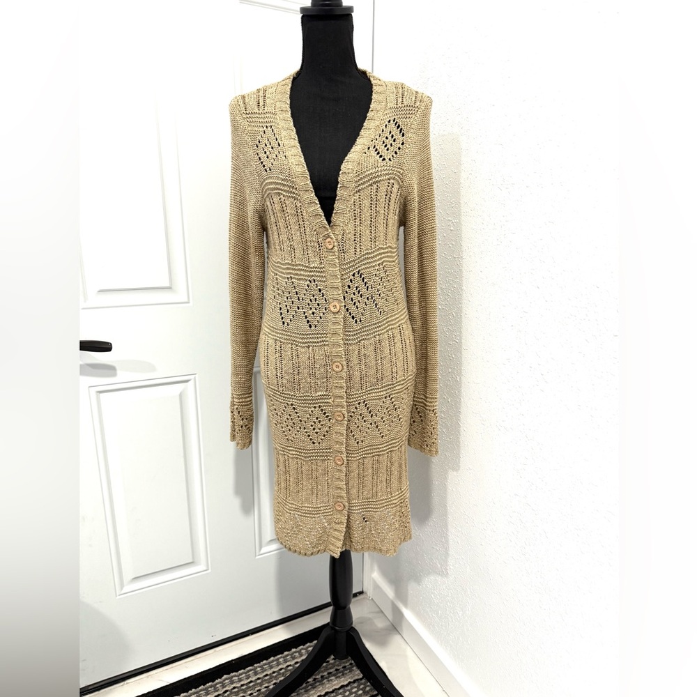 Beige Knit Long Button-Front Cardigan Sweater